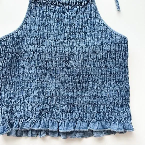 American Eagle Smocked Blue Denim Halter Top - Picture 4 of 10